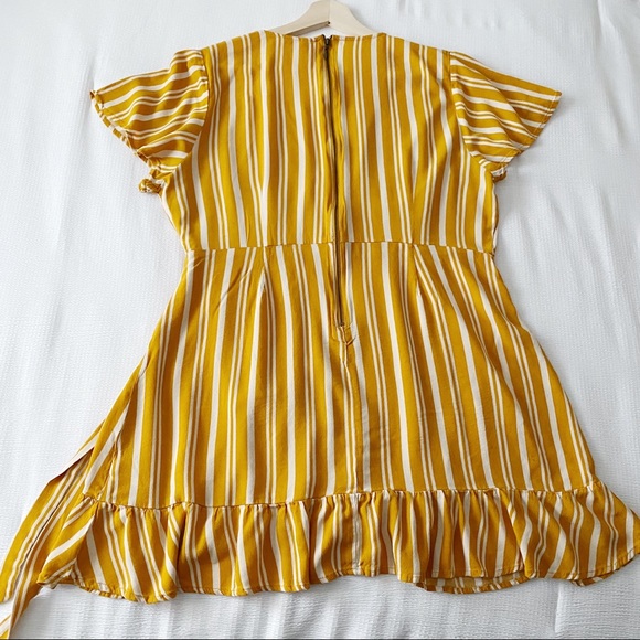 Golden Yellow & White Stripe Mini Wrap Dress - Picture 3 of 9